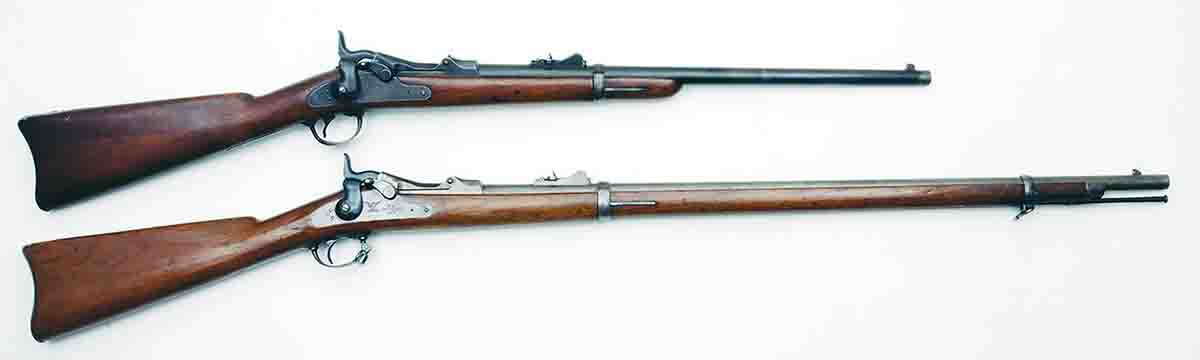 Mike’s Winchester Model 1873 .44-40s (from top): saddle ring carbine, standard rifle and musket.